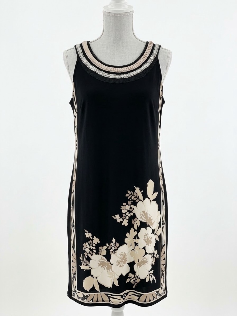 Black Floral Sleeveless Shift Dress with Embellished Neckline
